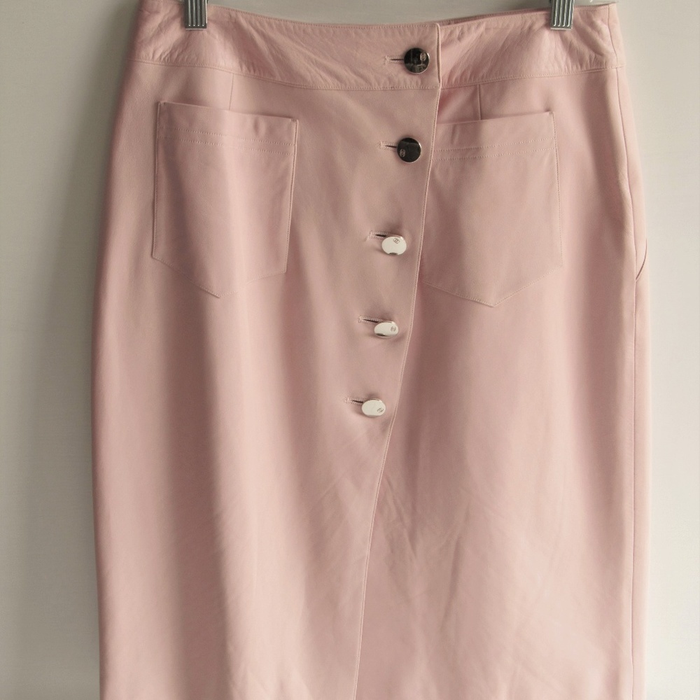 CHANEL PINK LAMBSKIN LEATHER WRAP SLIT SKIRT